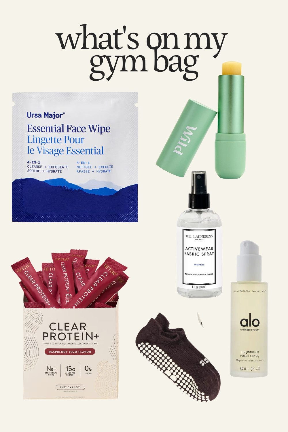 What’s in my gym bag. My everyday gym essentials. All items are linked here for a simple, functional routine. Wild Lip balm, Yoga socks, Face wipes, Magnesium, Protein, Activewear, refresher. 

 #LTKActive #LTKBeauty