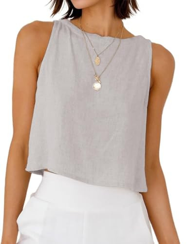 Women Linen Cropped Tank Tops Spring Summer Sleeveless Casual Cute Beach Tops | Amazon (US)