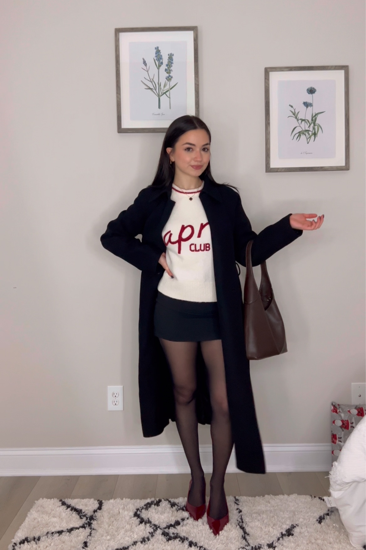- Small in the sweater
- XS in the mini skirt
- XS in the trench coat