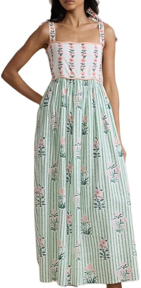 Women Bow Tie Shoulder Boho Maxi Dress Y2k Sleeveless Floral Flowy Long Dresses Smocked Swing Sum... | Amazon (US)