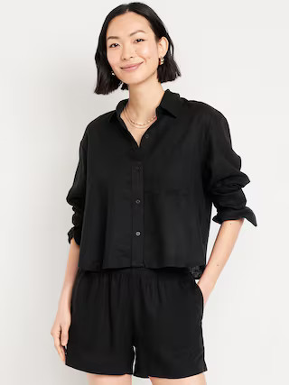 Linen-Blend Button-Down Crop Shirt | Old Navy (US)