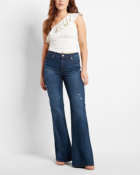 Mid Rise Dark Wash 70s Flare Jeans | Express