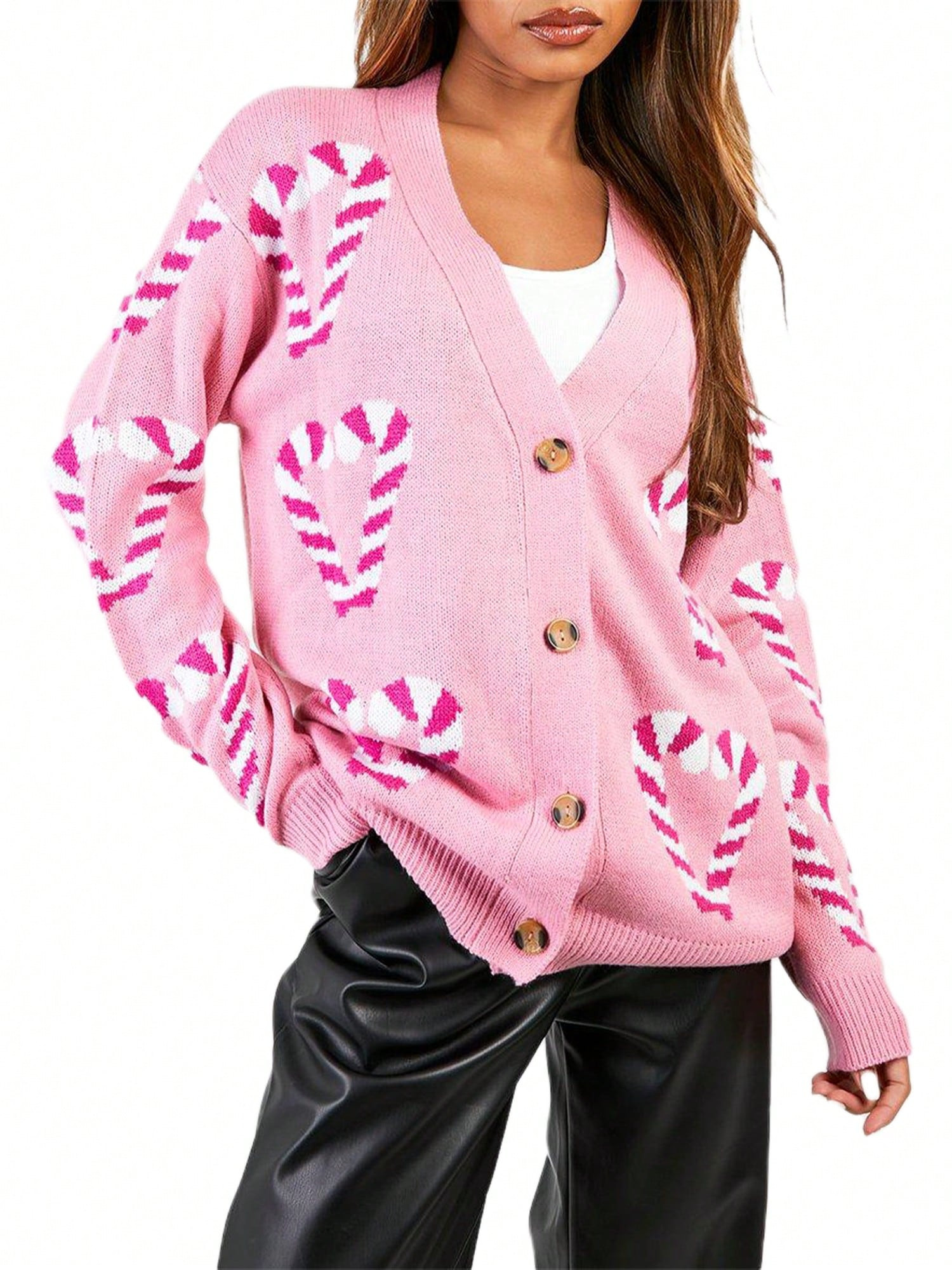 Women's Christmas Cardigan Candy Cane/Gingerbread Man Drop Shoulder Long Sleeve Ribbed Button-Fro... | SHEIN