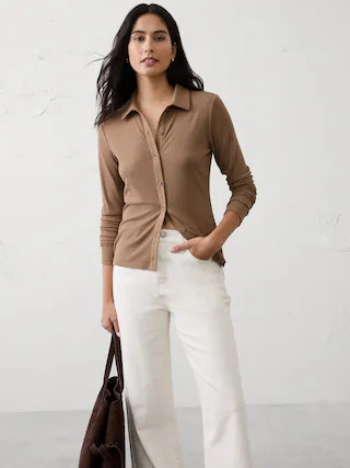Brushed Ribbed Button Top | Banana Republic Factory
