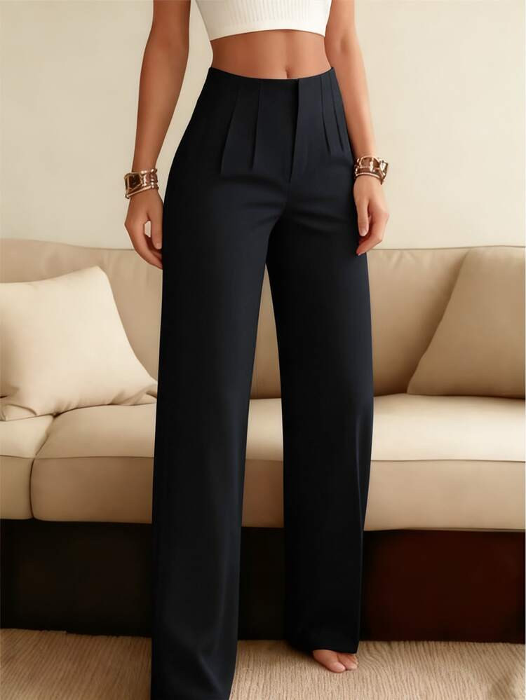 Women's Solid Color Wide Leg Straight Casual Pants, Minimalist Business Versatile Commuter Trousers Spring Black | SHEIN