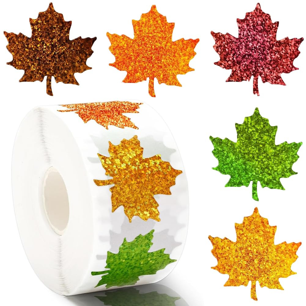 500Pcs Fall Thanksgiving Leaf Stickers 5 Colors Maple Leaf Decals 1.5in Holographic Self Adhesive... | Amazon (US)