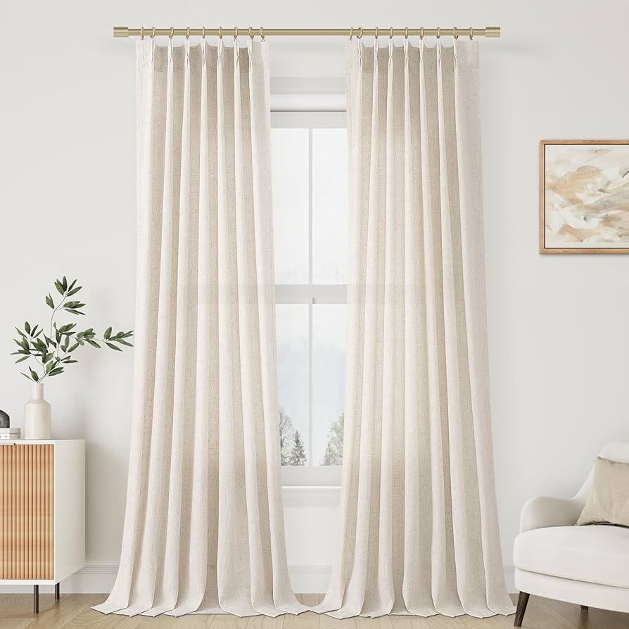 Pleated Linen Curtains 96 Inches Long for Living Room 2 Panel Set Cream Ivory Beige Semi Sheer Li... | Amazon (US)