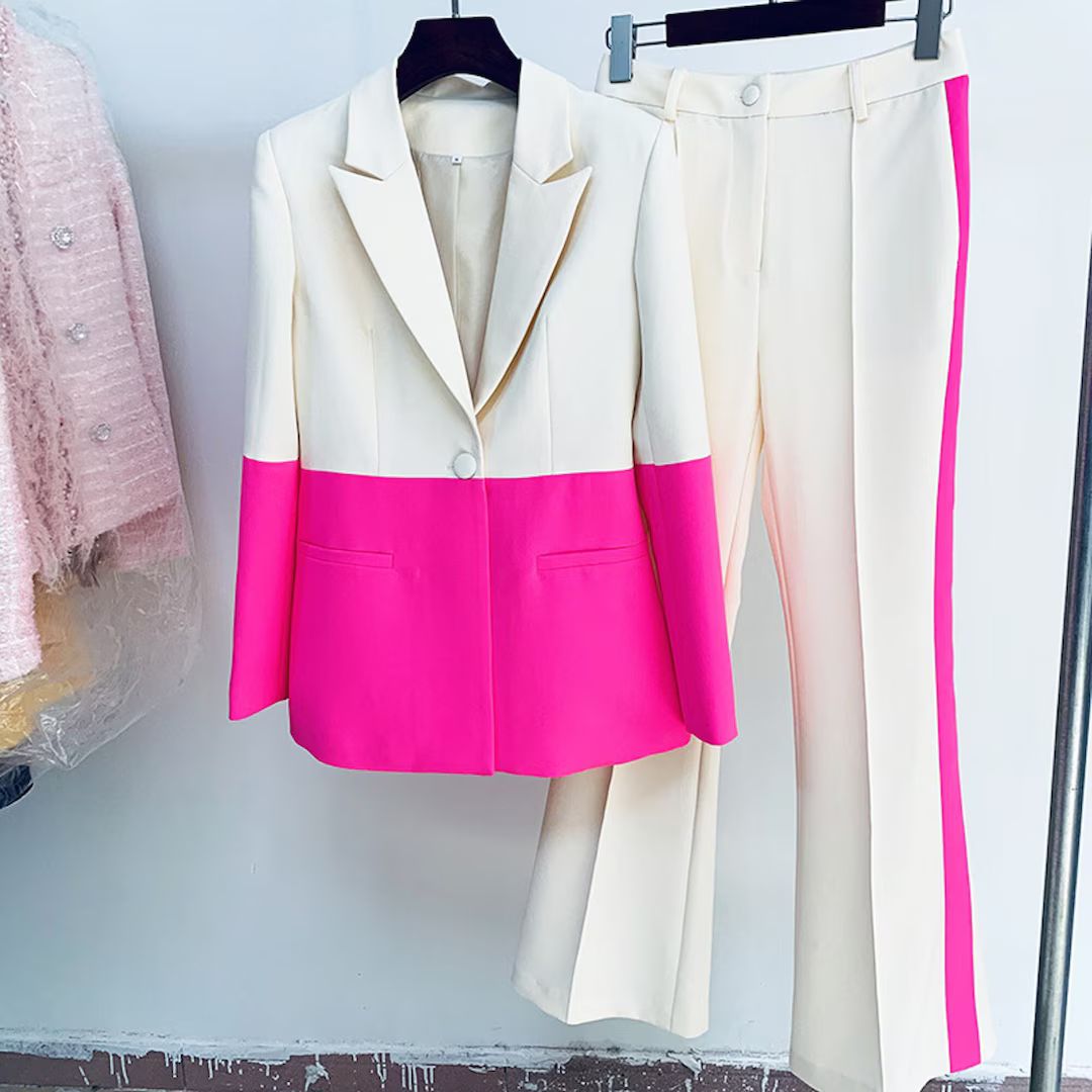 Women Colour-Blocked Hot Pink Light Beige Blazer + Mid-High Rise Flare Trousers Pants Suit  Pants... | Etsy (US)