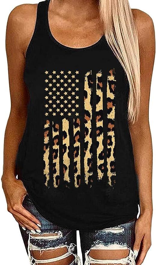 EIGIAGWNG Womens Leopard American Flag Star Tank Tops Cute July 4th Independence Day Sunflower Gr... | Amazon (US)