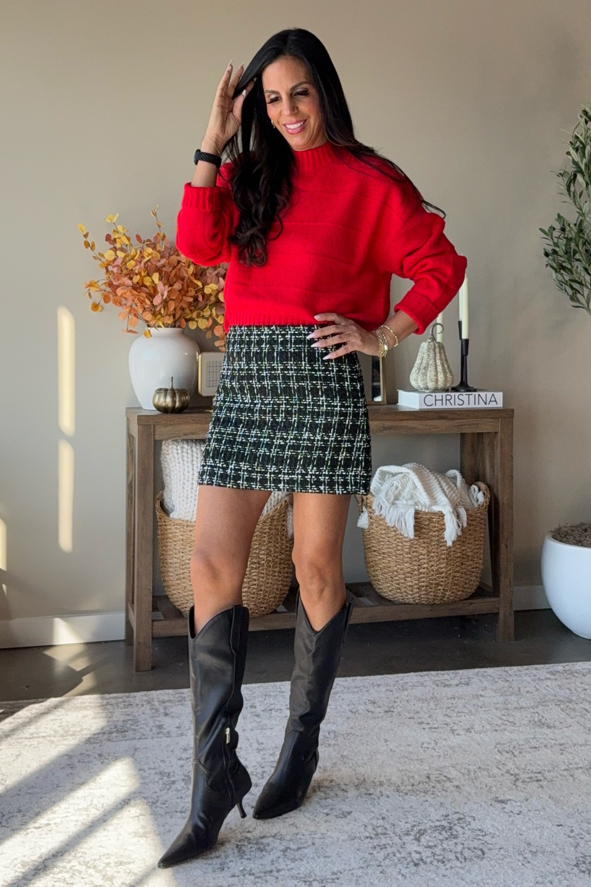 Holiday outfit with a pop of red! 
Small sweater 
Small skirt 
Boots are tts 

#LTKHoliday #LTKSaleAlert #LTKU