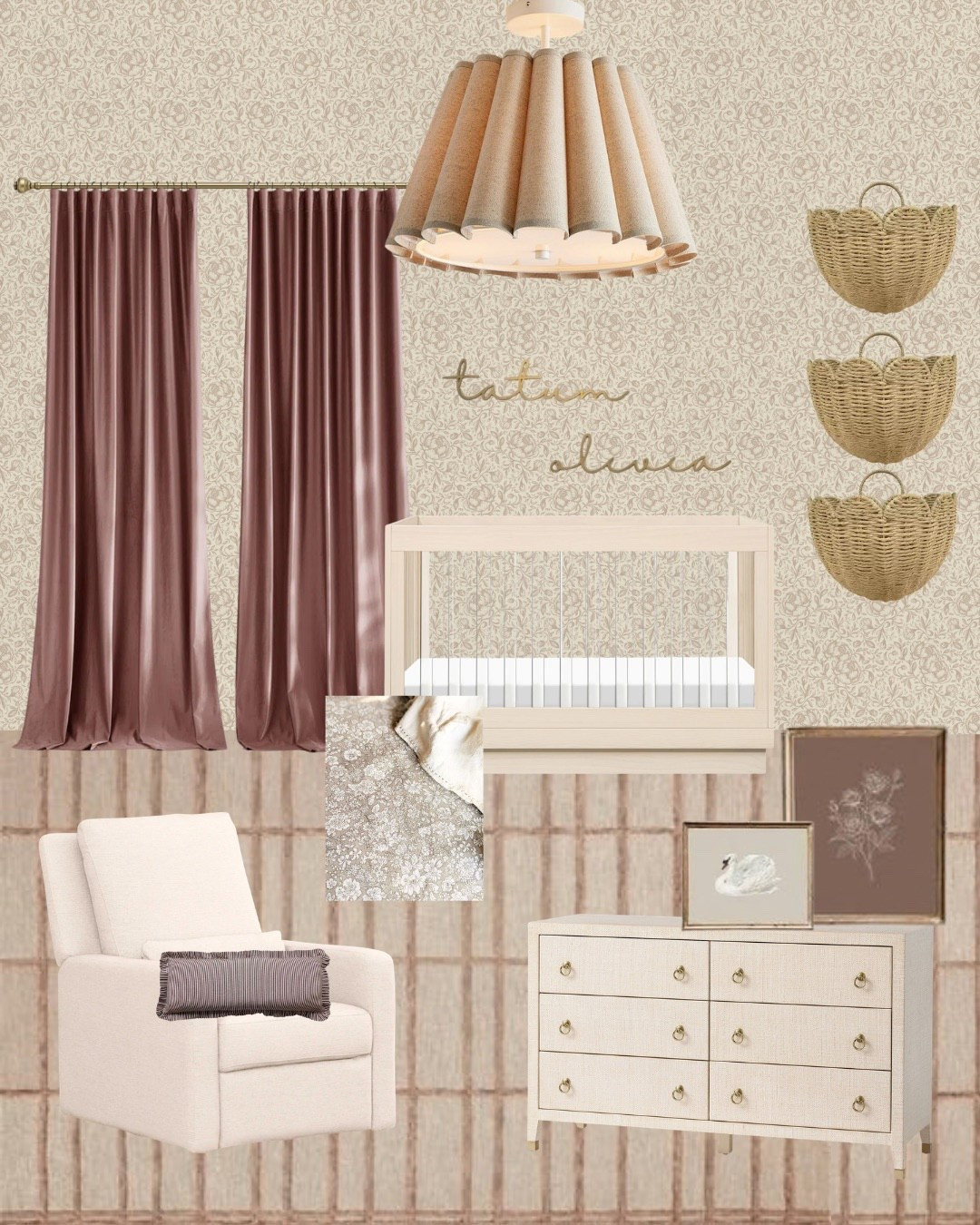 Girl nursery inspo 💕 Neutral girl nursery with pops of mauve & dusty rose! Vintage floral wallpaper, acrylic crib, velvet mauve curtains, girls room rug, woven dresser, vintage swan art, scallop wall basket, pottery barn nurseryy

#LTKBump #LTKBaby #LTKHome