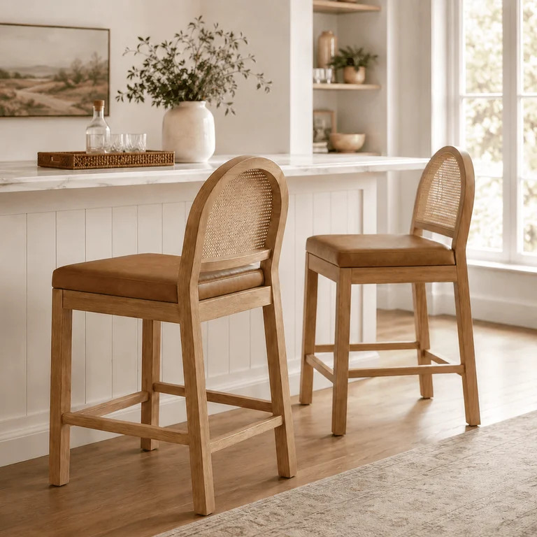 LAZZO Rattan Bar Stools Set of 2, Wooden Counter Height Stools with Rattan Woven Back and Chenill... | Walmart (US)