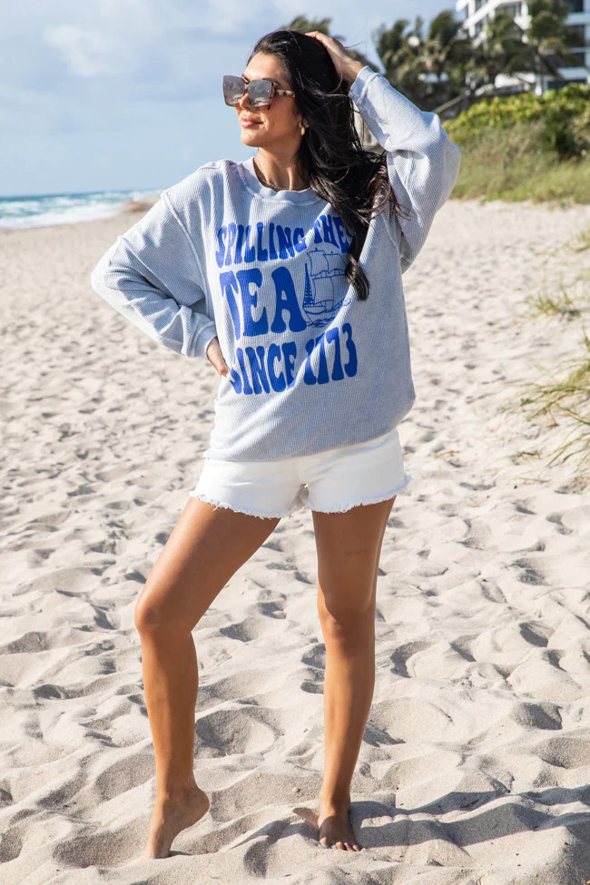 Spilling the Tea Since 1773 Faded Denim Corded Graphic Sweatshirt | Pink Lily