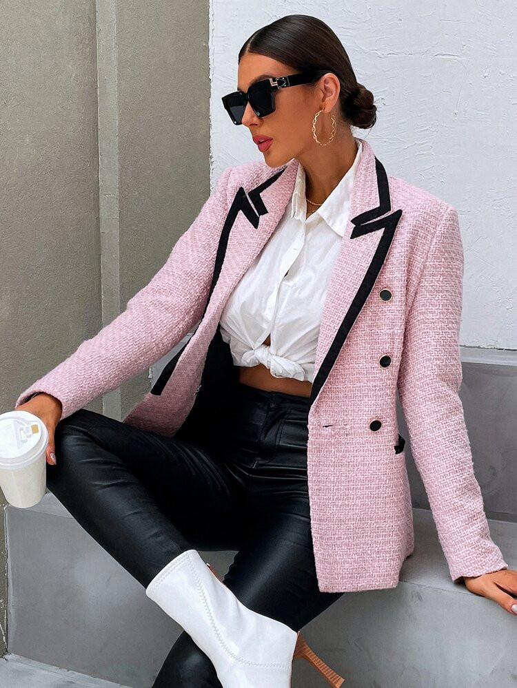 Mantel mit Kontrastsaum, gebrochenem Revers, doppelten Knopfleisten | SHEIN