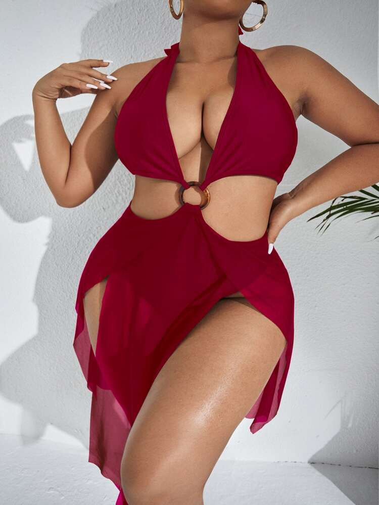 Plus Ring Linked Cut-out Contrast Mesh One Piece Swimsuit | SHEIN