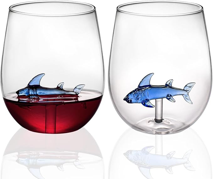 Handcrafted Shark Wine Glass - Personalized Set of 2 with 3D Sharks Inside - Red Wine Glasses - U... | Amazon (US)