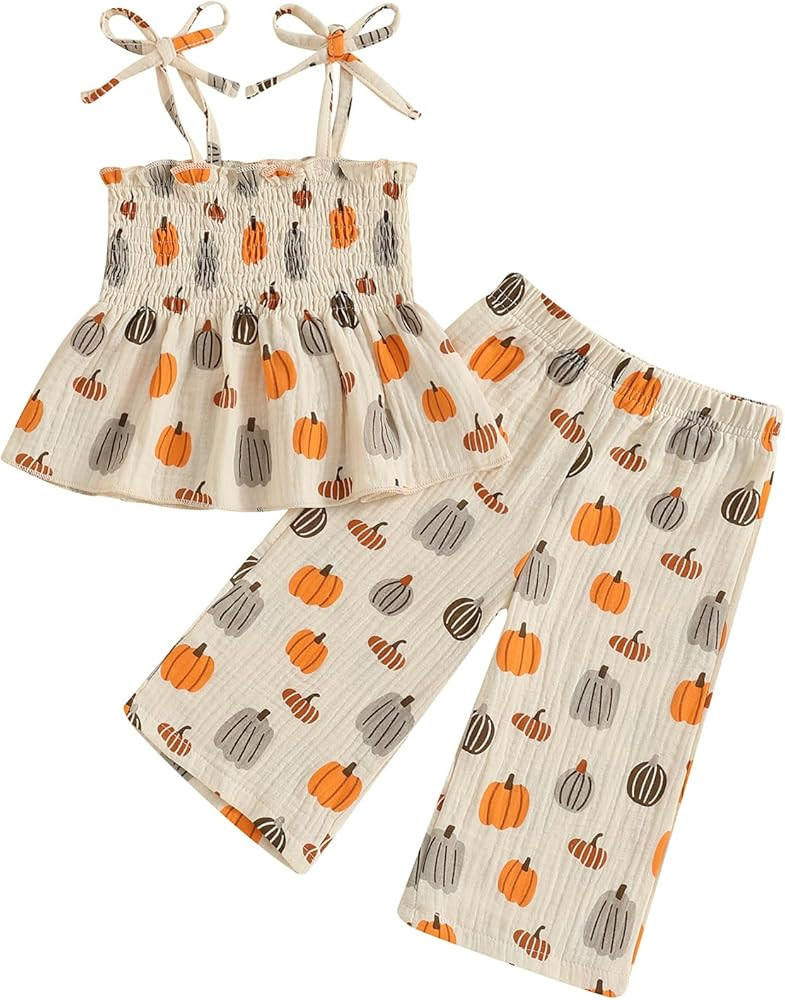 VISGOGO Halloween Toddler Girl Outfit Pumpkin Smocked Tie-up Spaghetti Strap Tops Leg Pants Hallo... | Amazon (US)