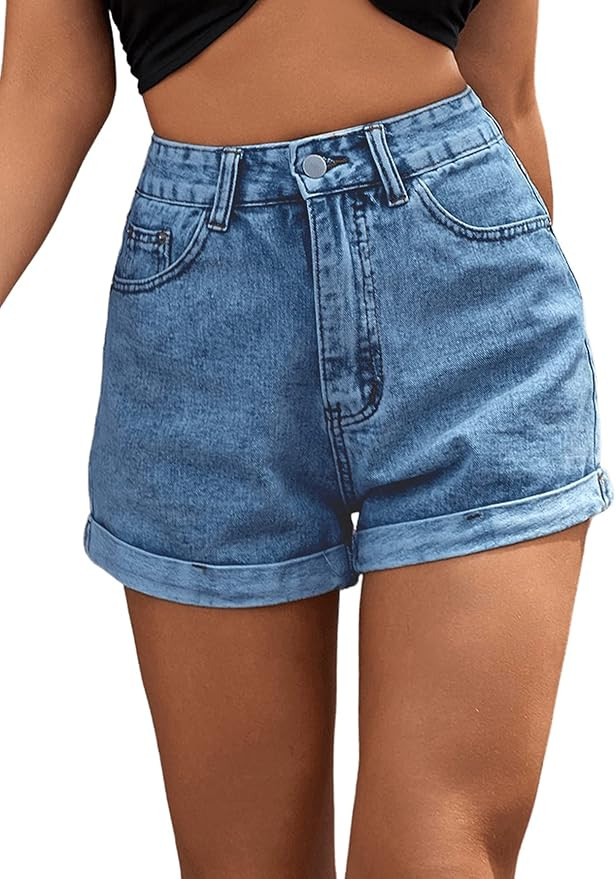 SweatyRocks Women's High Rise Roll Up Hem Straight Leg Denim Jean Shorts with Pocket | Amazon (US)
