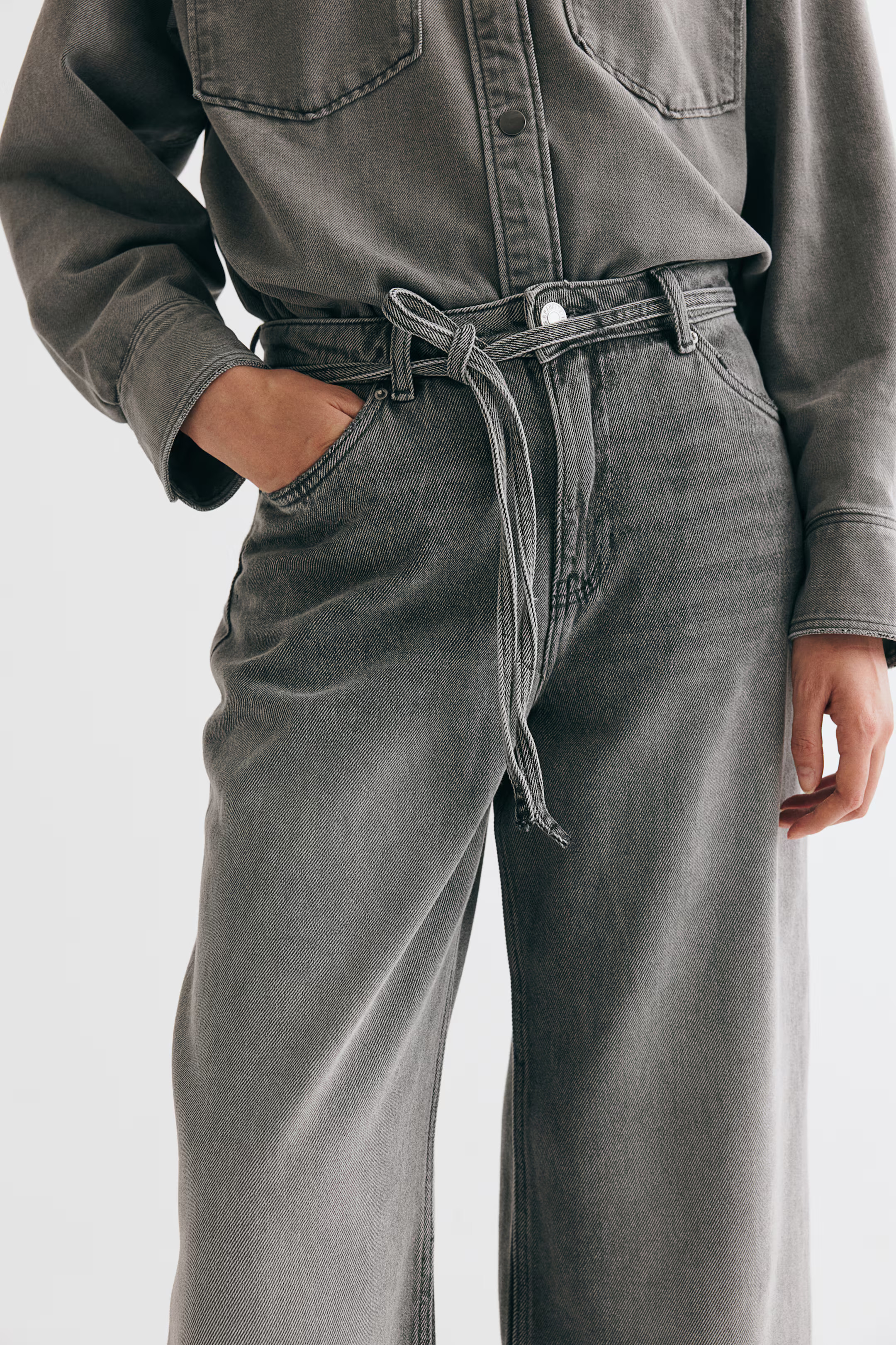 Wide tie-belt jeans - Denim grey - Ladies | H&M GB | H&M (UK, MY, IN, SG, PH, TW, HK)