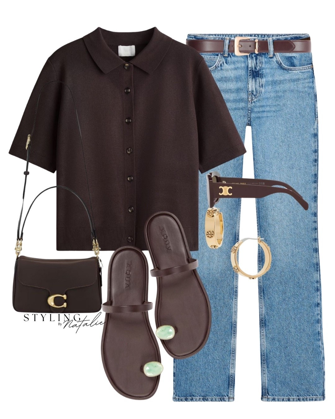 Casual street style, chocolate brown shirt sleeve cardigan with belted straight leg jeans, brown sandals with turquoise stone, Coach crossbody bag, celine sunglasses and hoop earrings.  Smart casual, transitional style, summer look, work wear. 

#LTKstyletip #LTKuk #LTKeurope