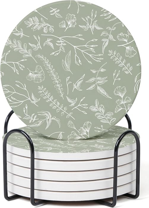 Set of 6 Floral Sage Green Coasters with Holder, Absorbent Ceramic Drink Coasters with Cork Backi... | Amazon (US)