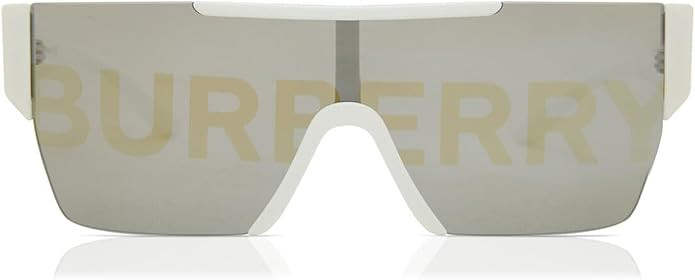 Burberry BE 4291 3007/H White Plastic Rectangle Sunglasses Silver Burberry Logo Lens | Amazon (US)