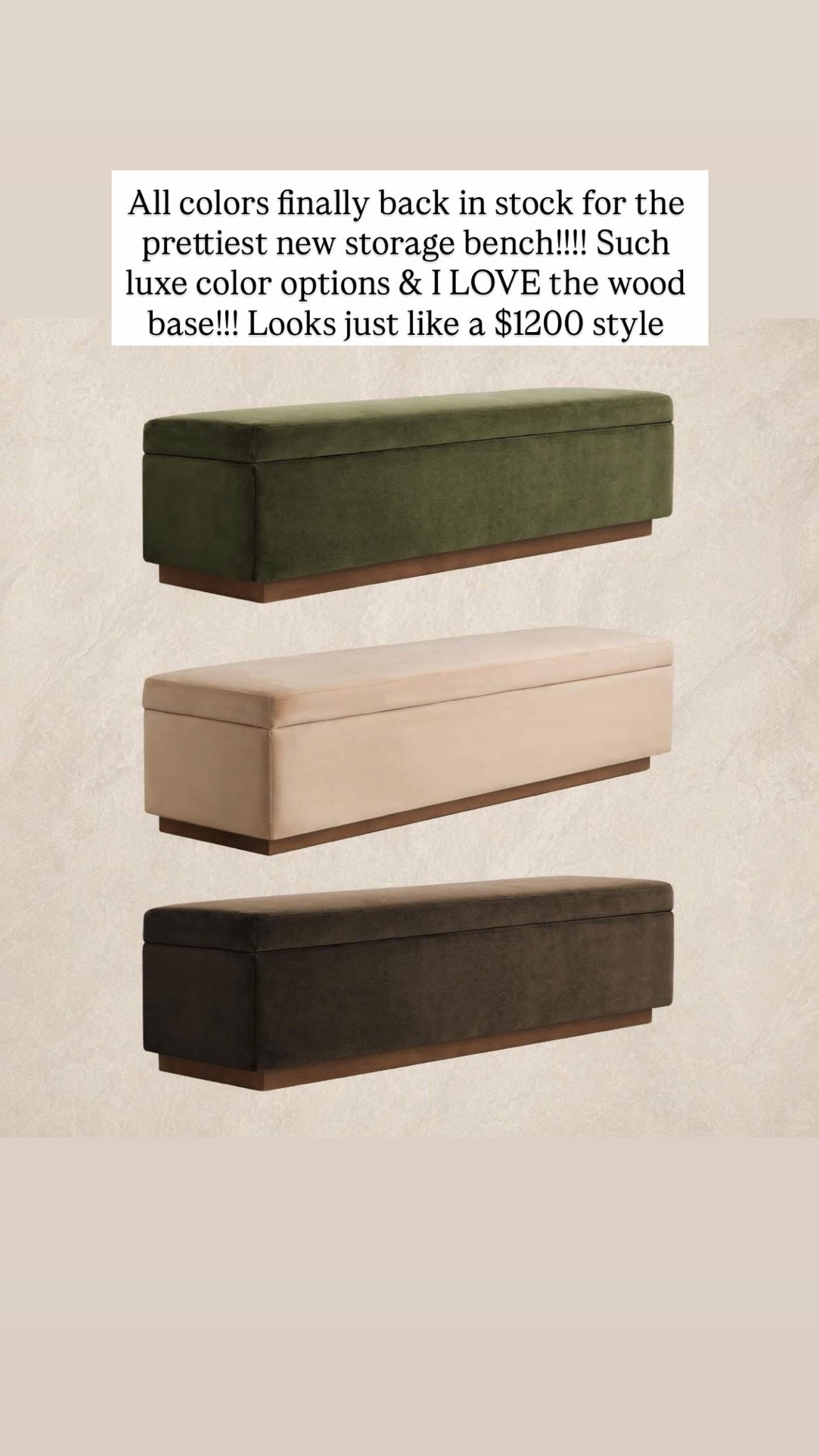 All colors finally back in stock for the prettiest new storage bench!!!! Such luxe color options & I LOVE the wood base!!! Looks just like a $1200 style