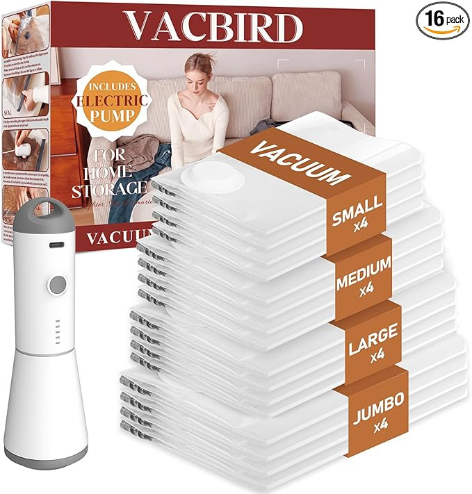 Vacuum Seal Bags for Clothing, 16 Pack Vacuum Storage Bags with Rechargeable Cordless Air Pump(4J... | Amazon (US)