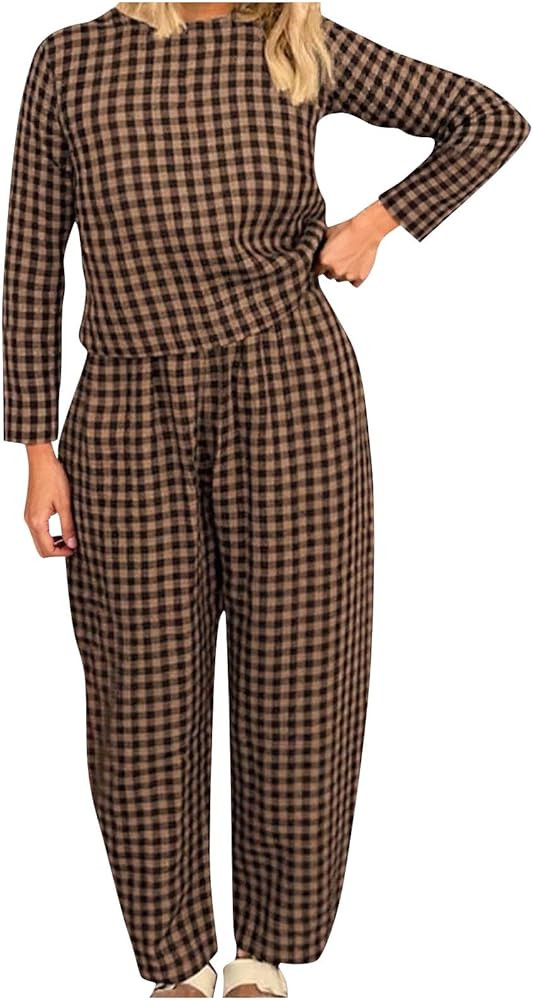 2 Piece Lounge Set Women Long Sleeve Plaid Top and Pants Sets Loose Fit Comfy Lounge Set Trendy 2... | Amazon (US)