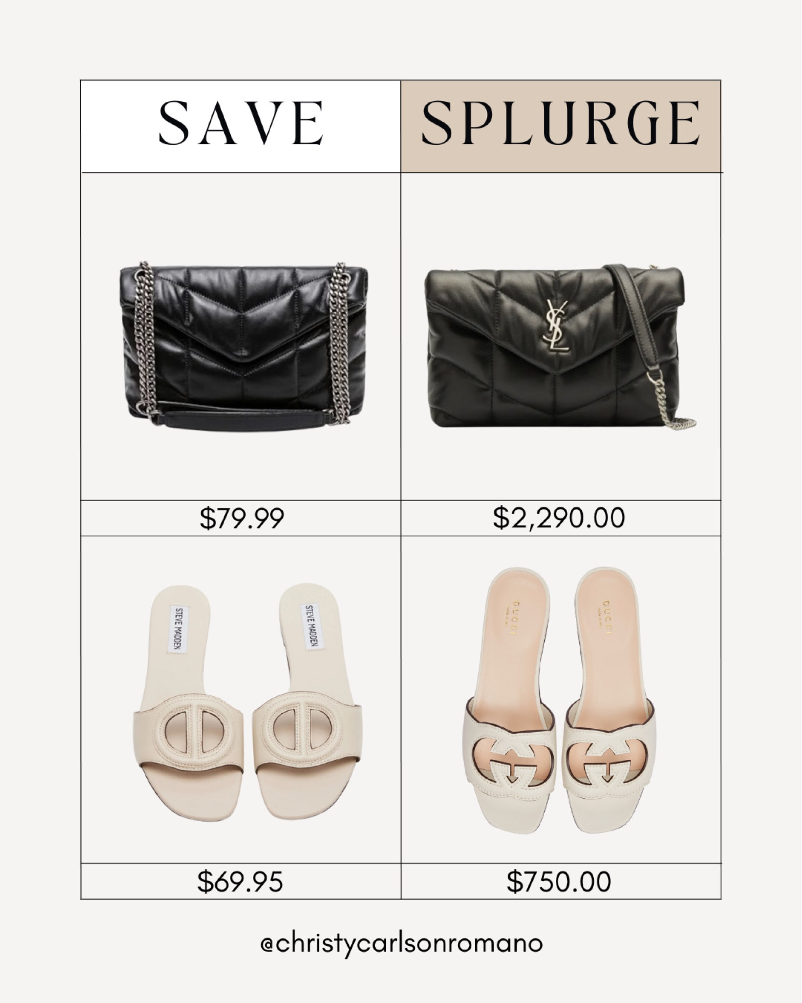 This is your sign to treat yourself to a new bag and slides! Score these affordable alternatives for this chic black YSL shoulder bag and the white Gucci cutout leather slide sandals!
#classicstyle #luxegifts #savevssplurge #summerfashion

#LTKShoeCrush #LTKSeasonal #LTKItBag