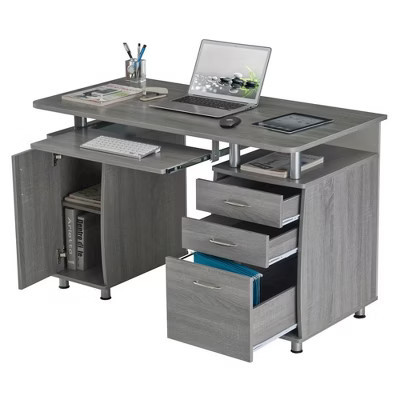 Gray Home Office Desk with Storage 2 Drawers, Keyboard Shelf, 2 Cabinets | Target