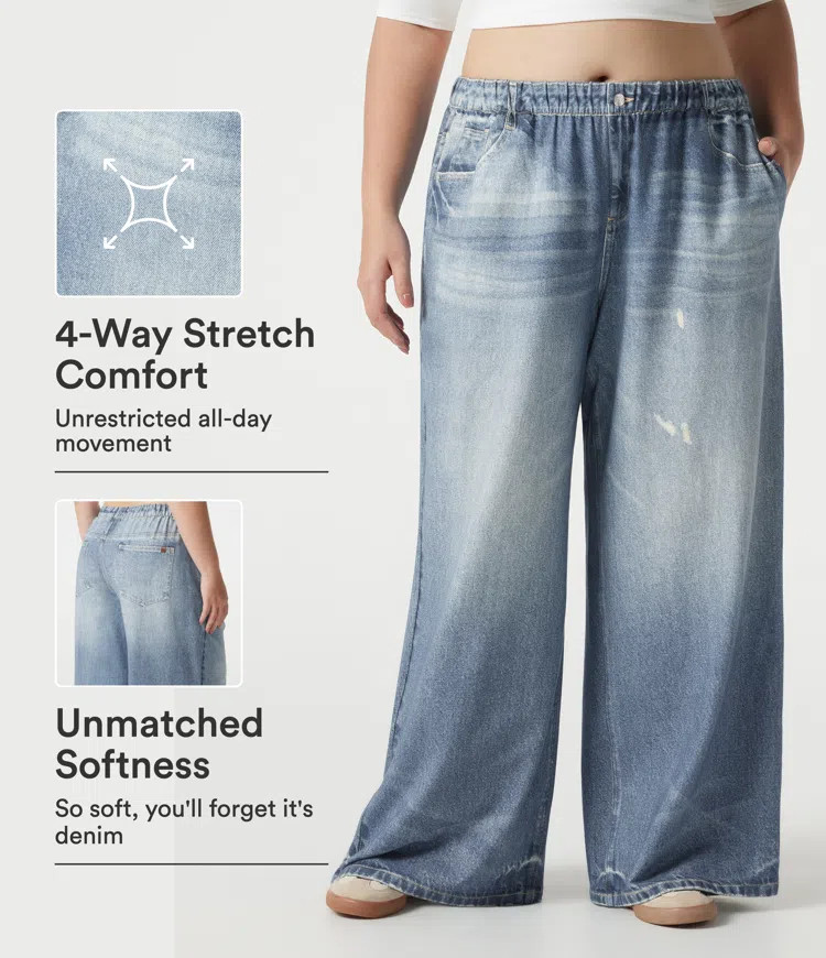 Plus Size Mid Rise Denim Print French Terry Casual Sweatpants Jeans with Pockets | HALARA