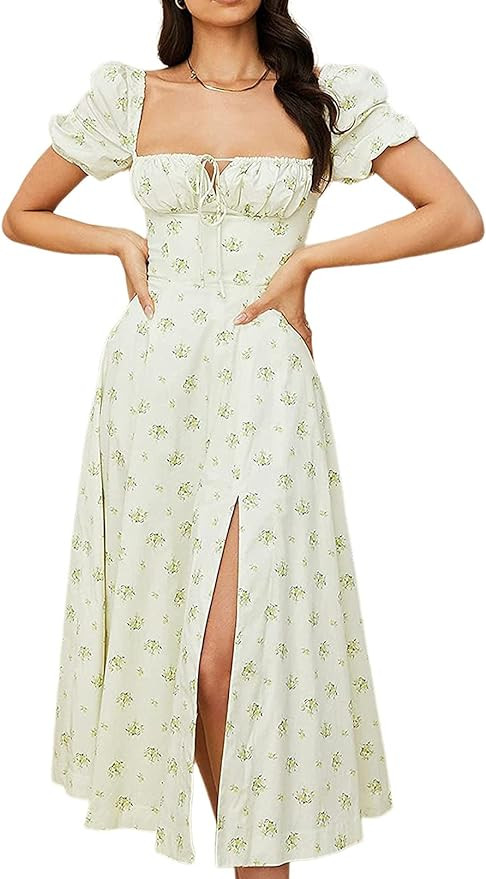 Linsery Women's Puff Sleeve Floral Maxi Dress Elegant Square Neck Cottagecore Boho Split Long Dre... | Amazon (US)
