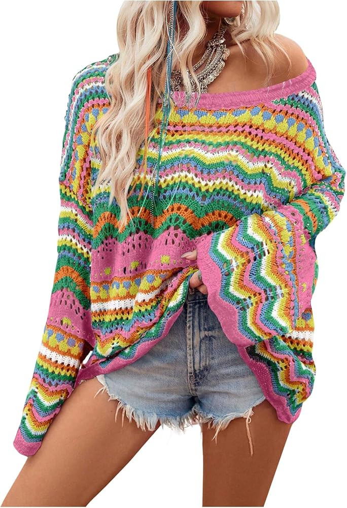 Floerns Women's Colorful Sweater Crochet Open Knit Long Sleeve Drop Shoulder Oversized Sweater | Amazon (US)