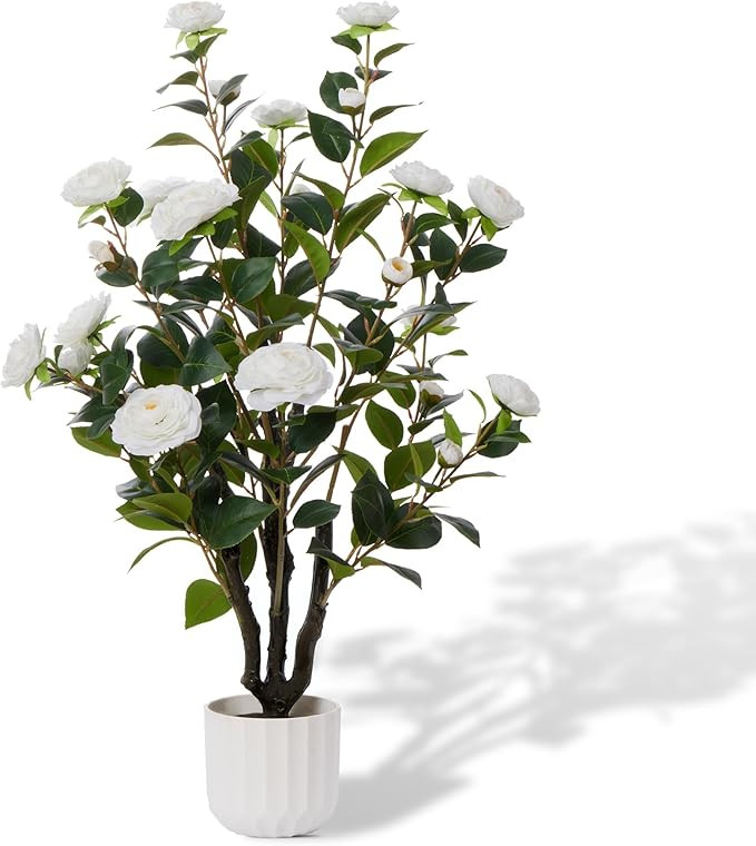 38'' Artificial Faux Camellia Tree Plants for Indoor Outdoor, Fake White Silk Camellia Tree Plant... | Amazon (US)