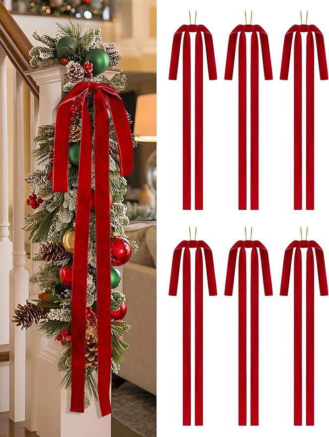 SIMISI RIBBON Red Long Velvet Bows Ornaments for Christmas Tree, Wreath, Garland, Swag, Staircase... | Amazon (US)