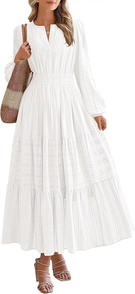BTFBM Spring Dresses for Women 2026 Casual Long Sleeve V Neck Elastic Waist Lightweight Maxi Wedd... | Amazon (US)