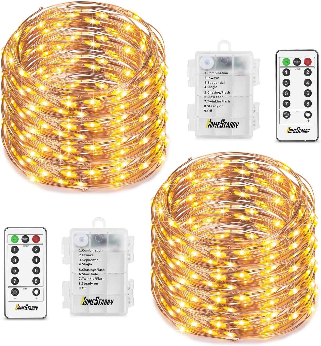 Homestarry 2 Sets Fairy Lights, Battery Operated String Lights Waterproof 8 Modes with Remote, 50... | Amazon (US)