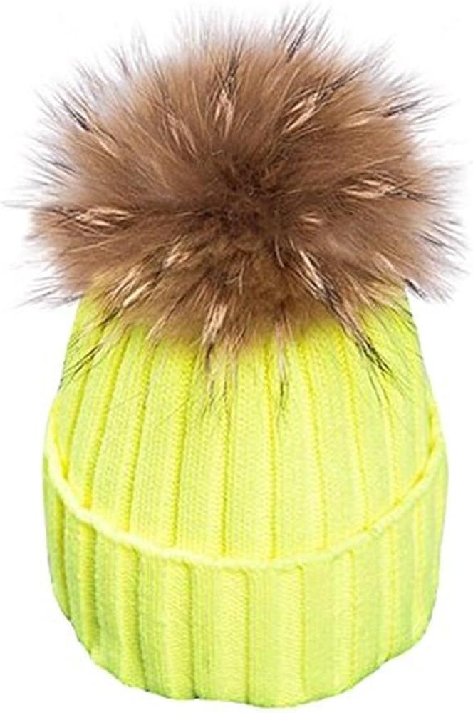Womens Girls Warm Winter Raccoon Fur Pom Pom Ball Knit Beanie Skull Hat | Amazon (US)
