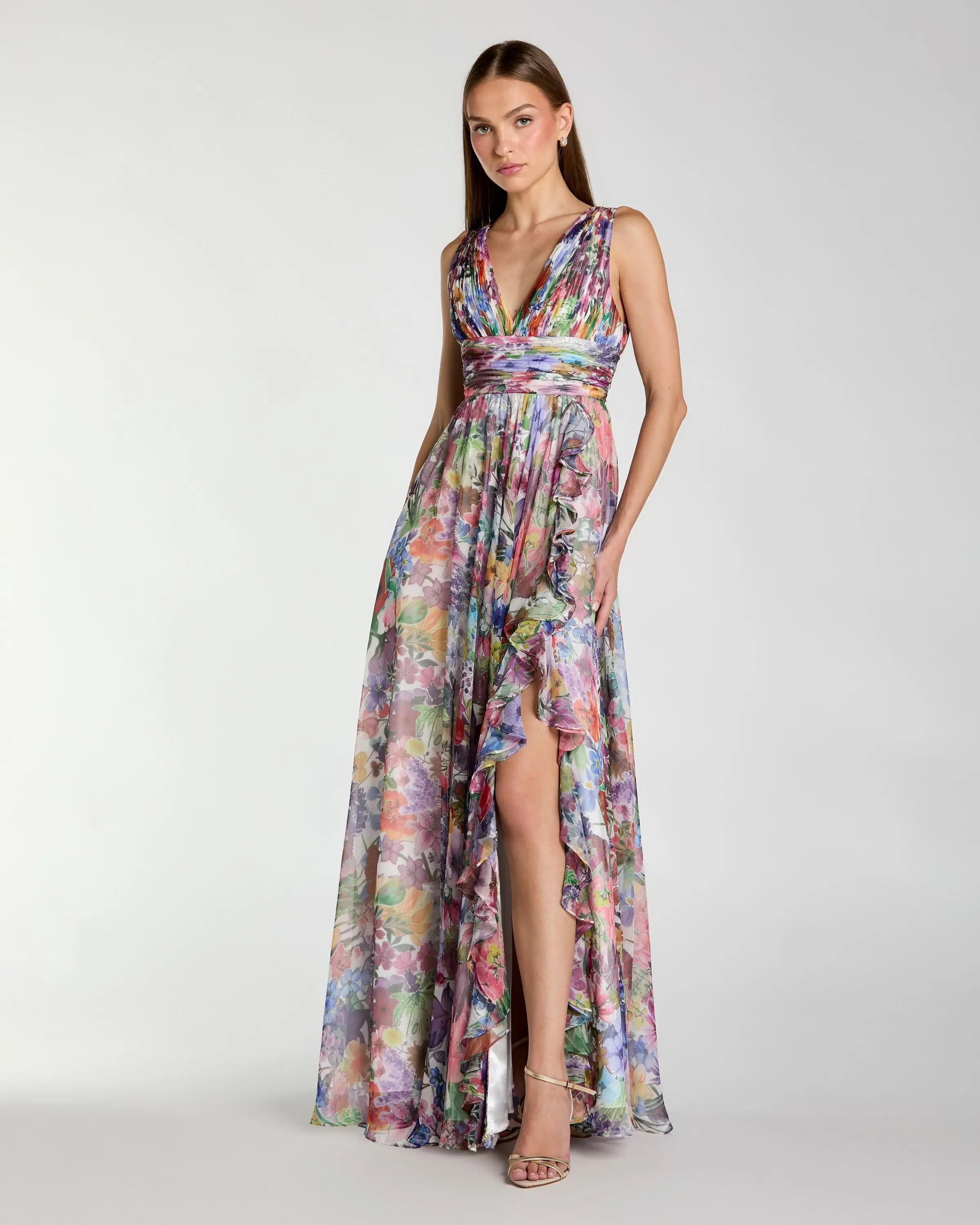 Multicolor Floral Chiffon Gown With Ruffle Slit | Mac Duggal | Mac Duggal