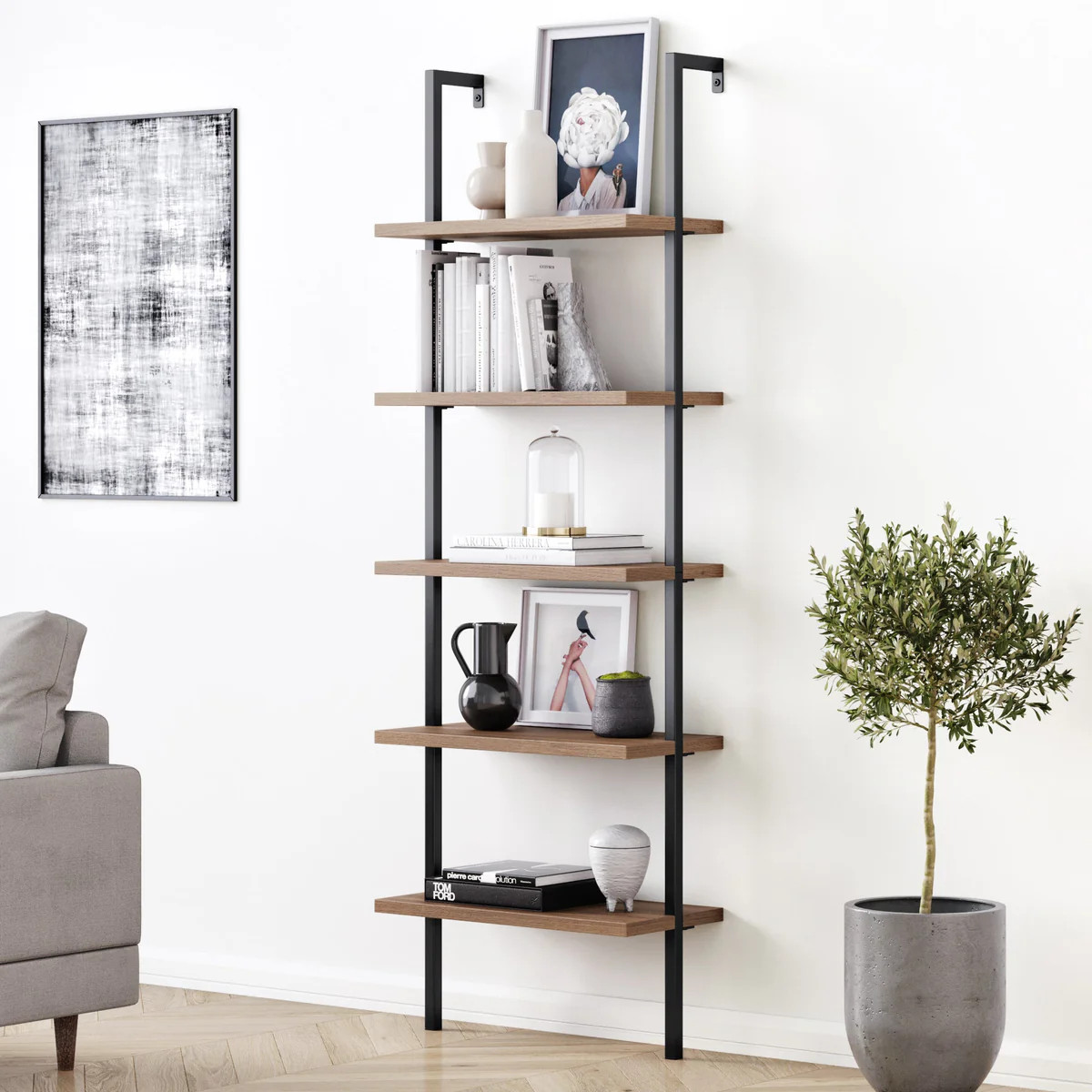 5-Shelf Ladder Bookshelf Oak Matte Black | Nathan James