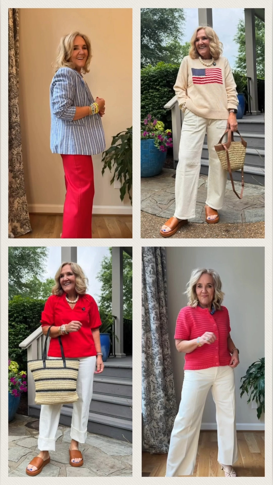 Loving London! But grateful for the USA. Big birthday this year! 
Walmart blazer medium 
Loft Palmer pants 29
Avara utility jeans 29
Flag sweater medium 
15% off Avara with code NANETTE15
Red blouse medium 
Straight leg jeans that I cuffed 8/29
Pinkish red cardigan medium 
@jcrew barrel jeans 29 petite
