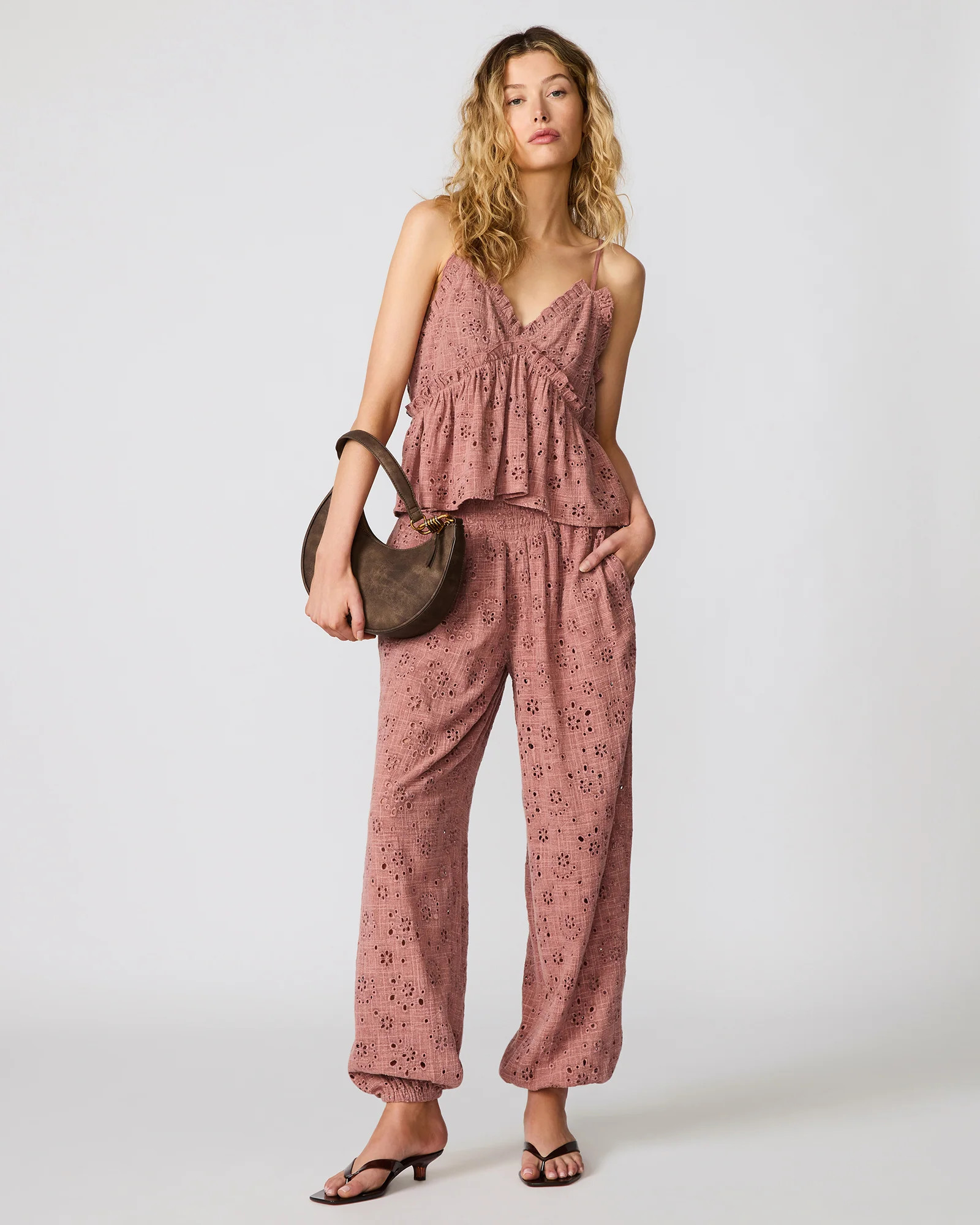 BRYNA Burnt Coral Eyelet Ruffle Sleeveless Women's Top | Steve Madden (US)