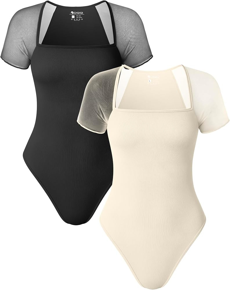 OQQ 2 Piece Bodysuits For Women Sexy Square Neck Short Sleeve Mesh Stretch Shirts Bodysuits | Amazon (US)