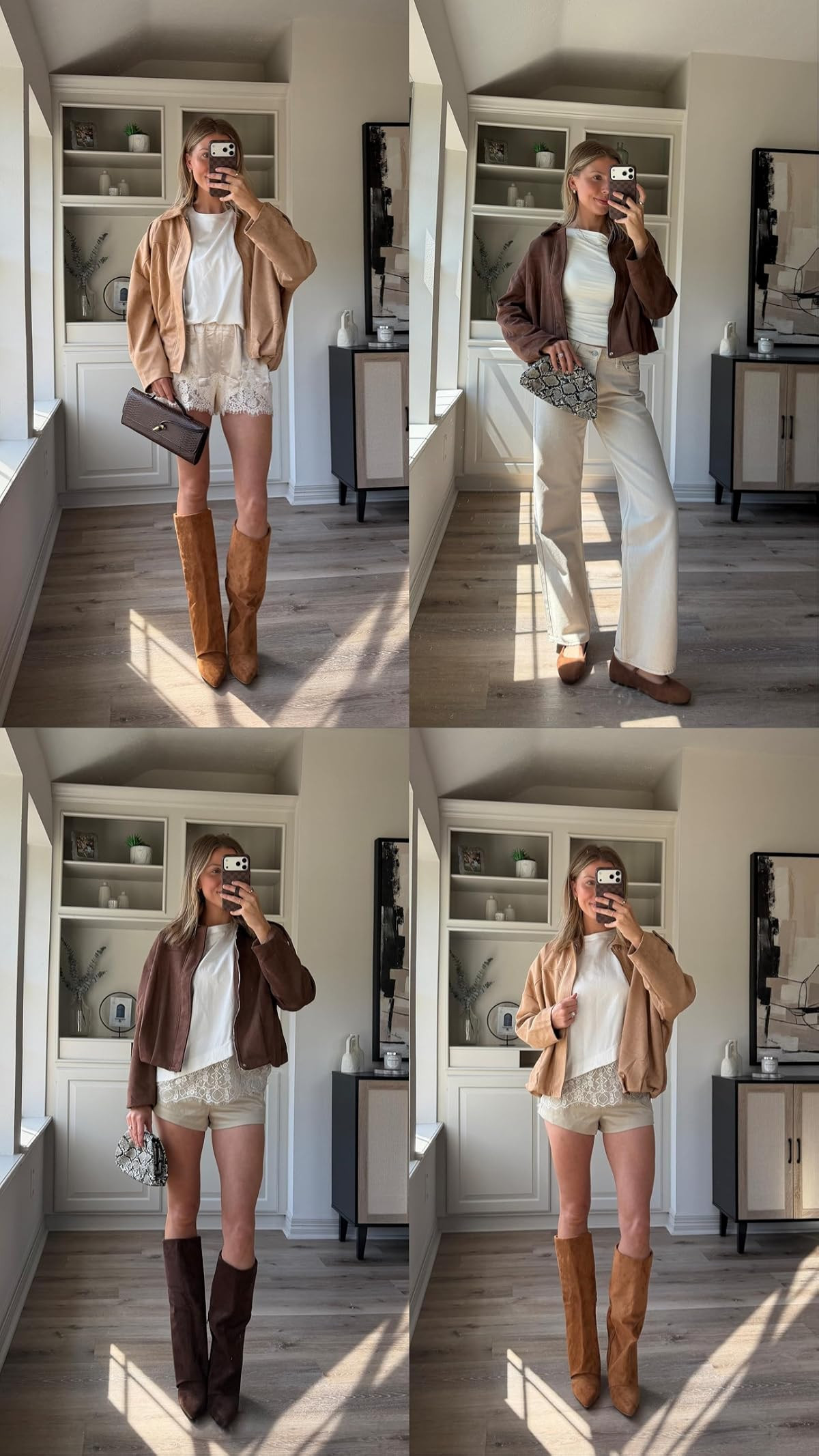 Cute, elevated fall outfit ideas | Wearing S in both white tees, S satin lace shorts, M in suede jacket, 26 in cream denim + 4 in cream leather shorts
 

 #LTKootd