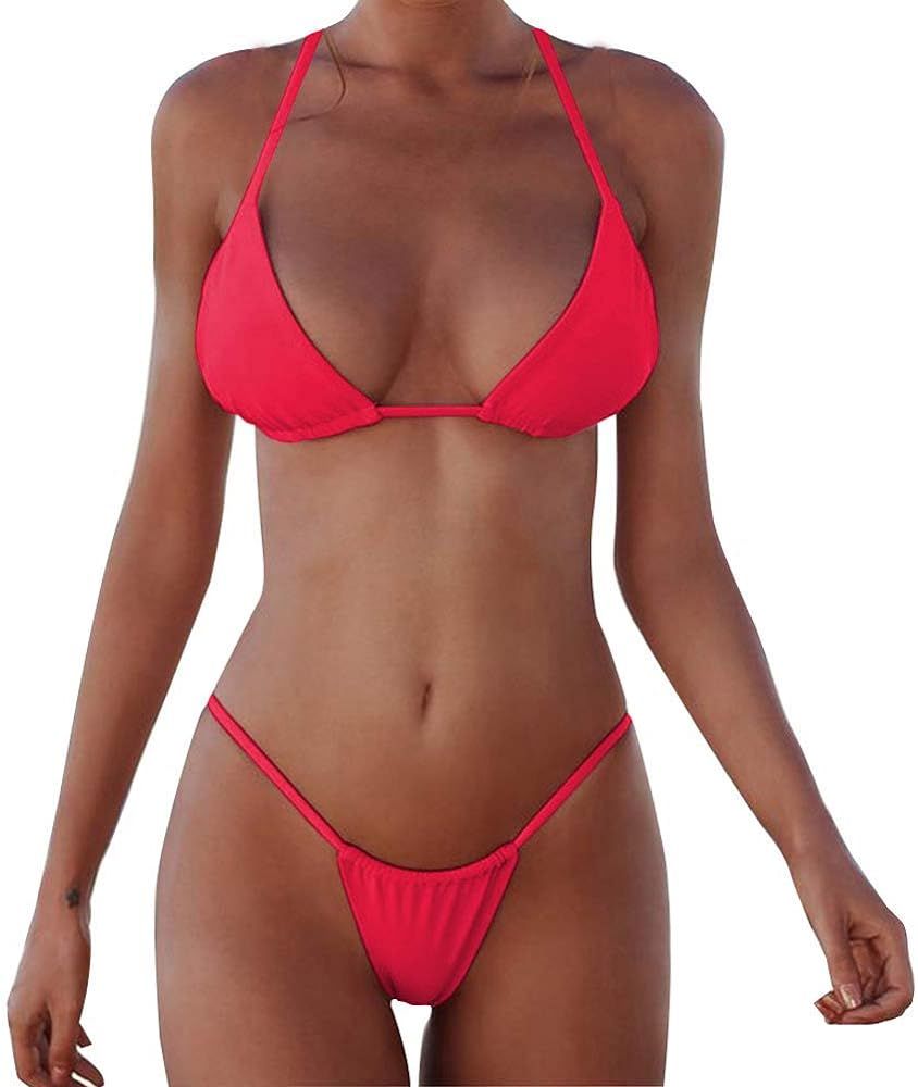 XUNYU Bikini Set Bandage Solid Brazilian Swimwear Two Pieces Swimsuit Padded Thong Bathing Suits | Amazon (US)