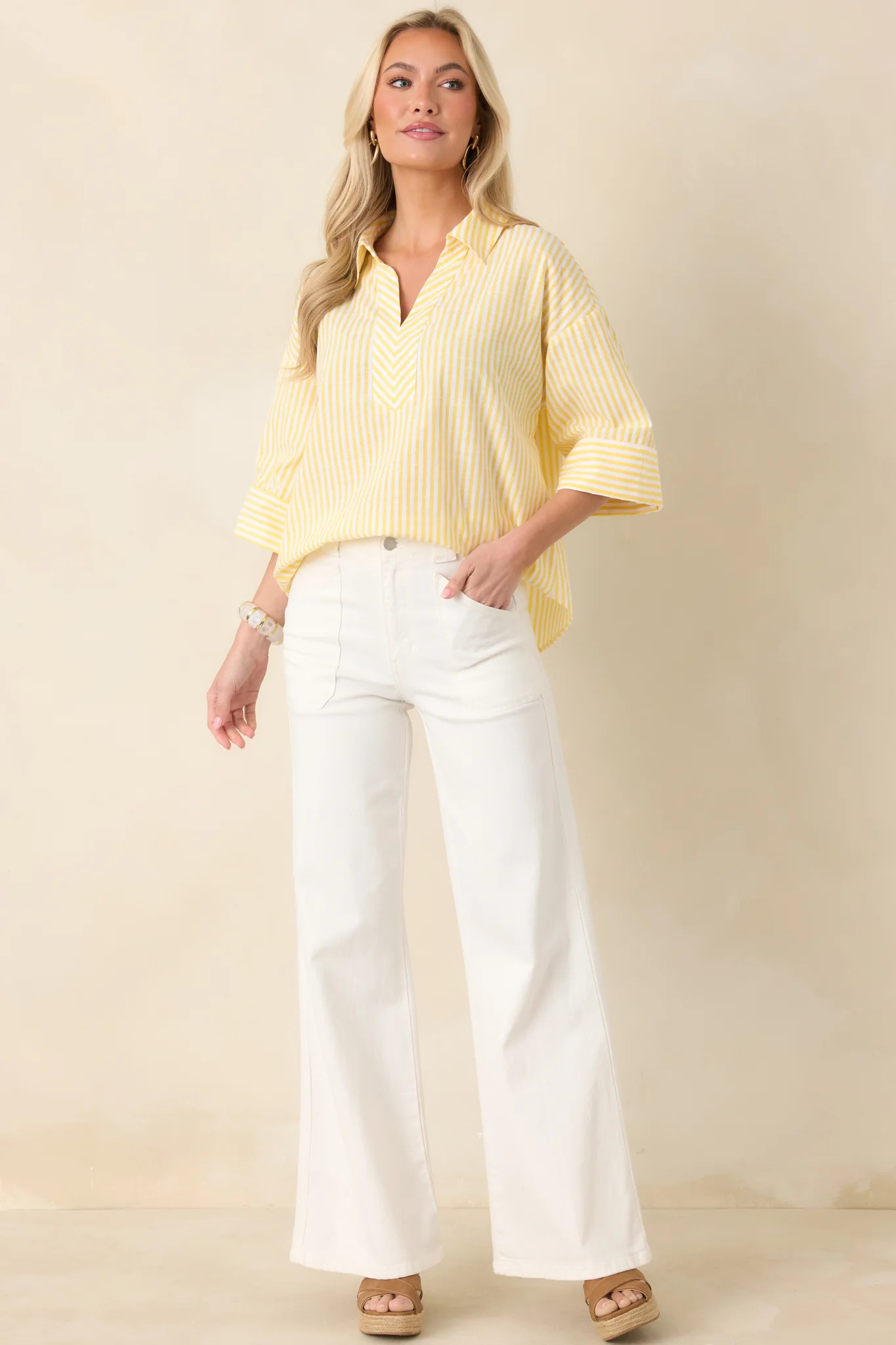 Leading Lines Yellow Stripe Collared V-Neck Blouse | Red Dress