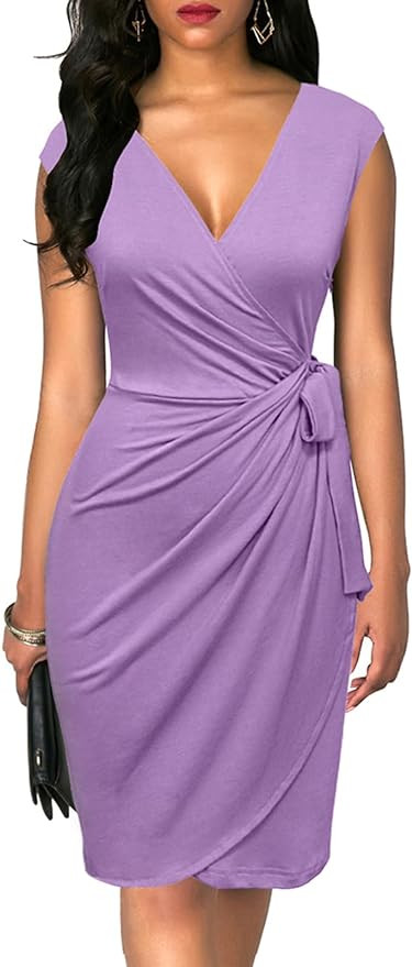 Berydress Women's Vintage V-Neck Sheath Casual Party Work Faux Black Wrap Dress | Amazon (US)