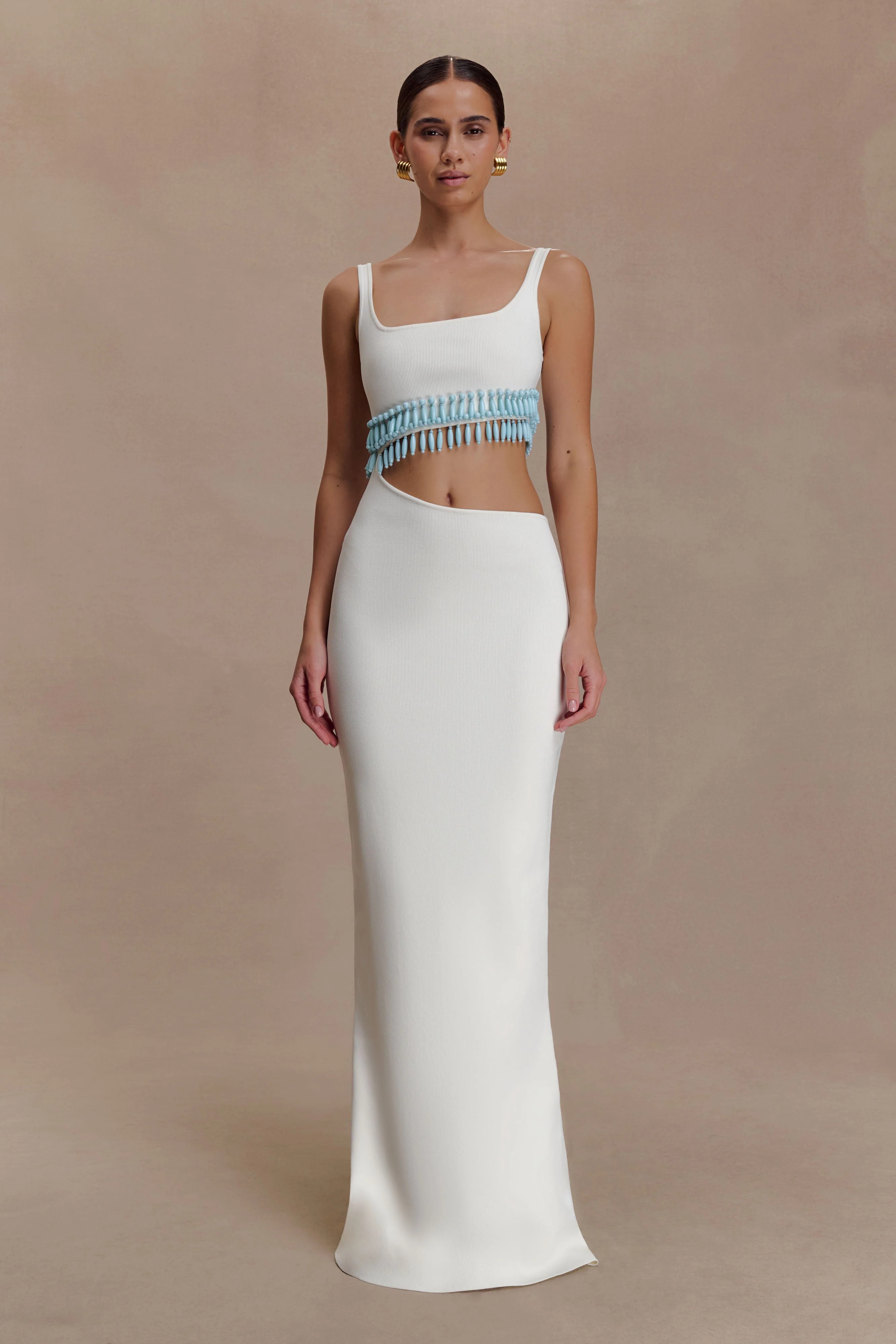 Knit Maxi Beaded Dress - White | MESHKI US