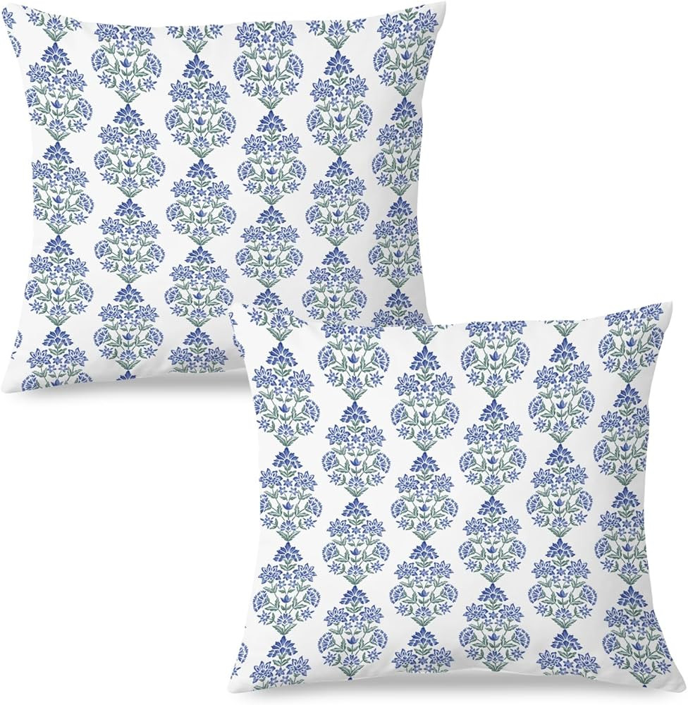 SPBL&L Blue Floral Block Print Pillow Covers 18x18, Chinoiserie Green and Blue Floral Pillow Cove... | Amazon (US)